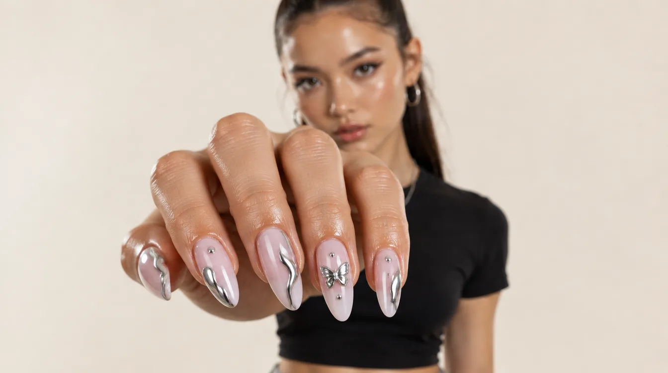 Pink nail art with chrome details; concept design image 2