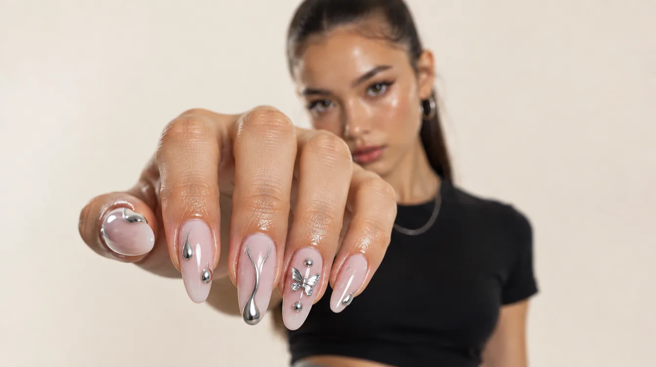 Pink nail art with chrome details; concept design image 3